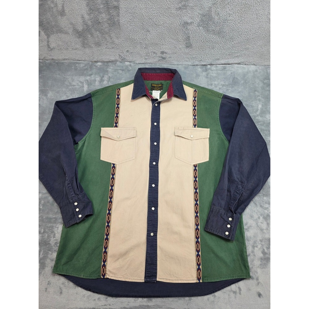 Rustler Wrangler Mens XLT Western Snap Shirt Colorblock Southwestern Green Navy